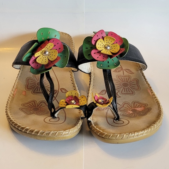 DOCA Leather Flower Thong Sandals with Flower 🌸 Toe Loop Size 9-9.5 Women's - Picture 4 of 8